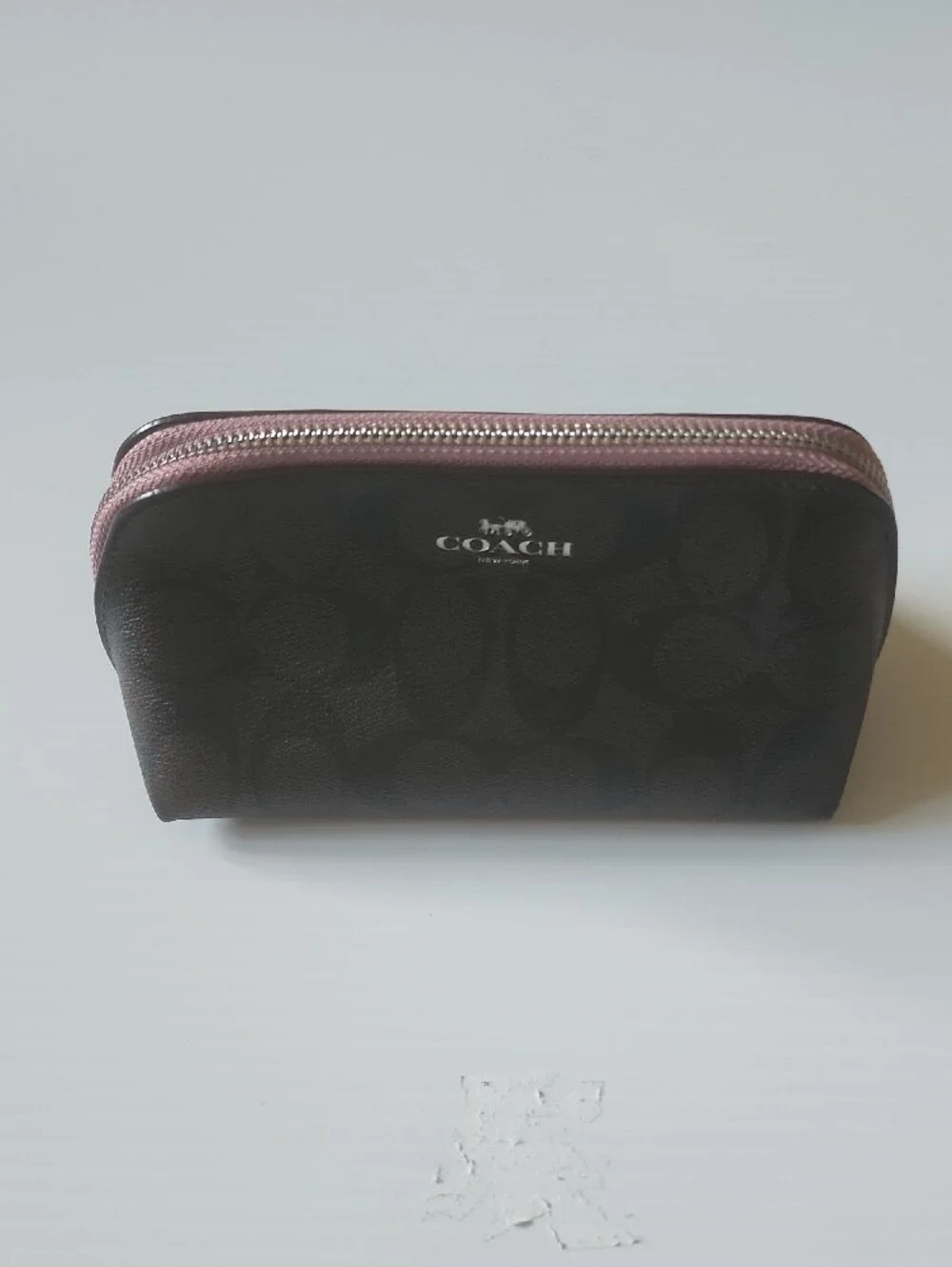 Coach Cosmetic Case 17  Signature Canvas Pouch with Pink Zipper.